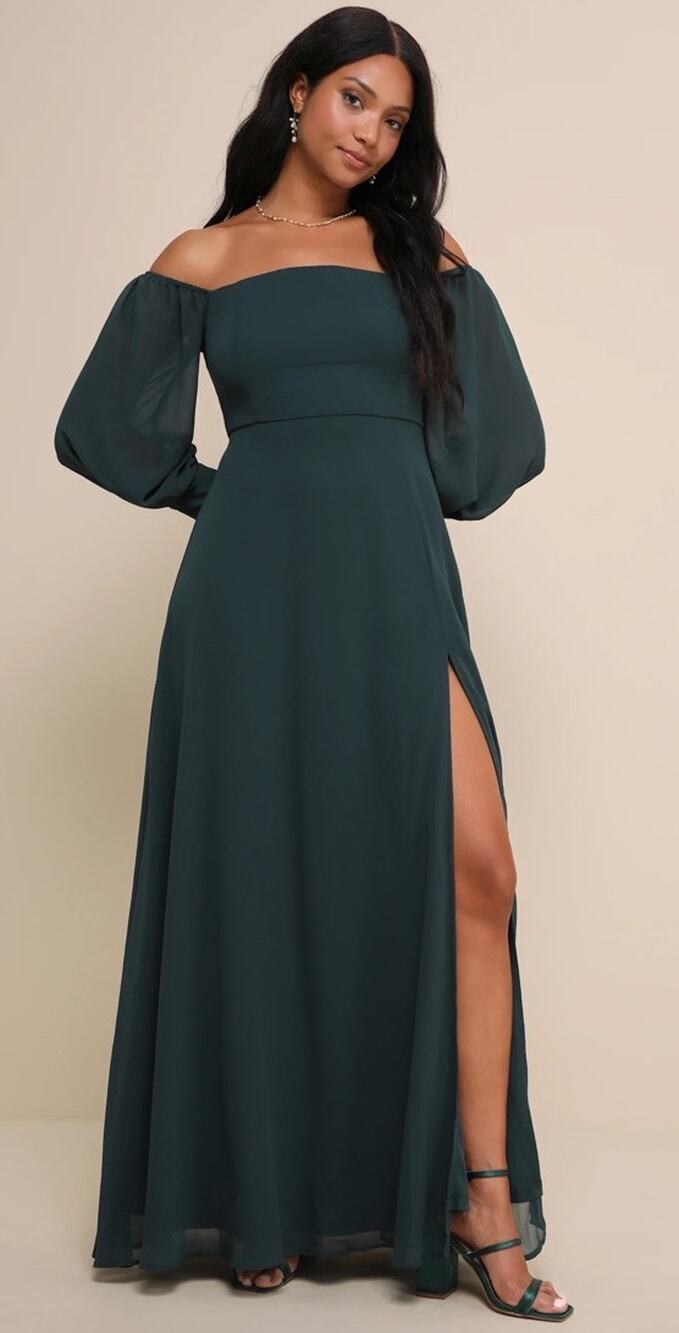 Lulus Maxi Dress Sz XL Off Shoulder Chiffon Formal Party Wedding Green